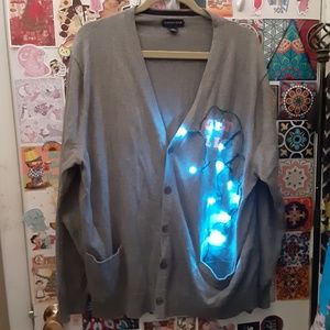 Lands End XXL 2XL Cotton Gray Button Up Cardigan Ugly Christmas LIGHT UP Grandpa